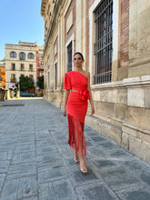 Load image into Gallery viewer, Sexy Elegant Red Fringe Dress with Floral applique from The King Kouture