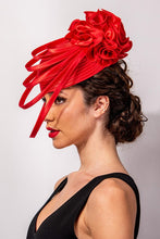 Load image into Gallery viewer, Floating Ribbon Rose Red Pillbox Fascinator Hat

