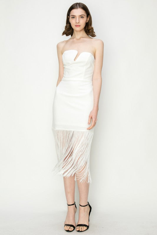 Sculpted Bodice Midi Dress with Fringe