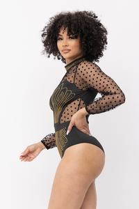 Black and Gold Studded Glam Delicate Swiss Dot Bodysuit Comes S/M/L/XL