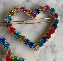 Load image into Gallery viewer, 2 Large Rainbow Heart shaped Rhinestone Hair Clips
