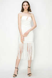 Sculpted Bodice Midi Dress with Fringe