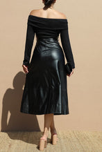 Load image into Gallery viewer, Elegant and Stunning Black Off Shoulder Faux Leather Belted Dress
