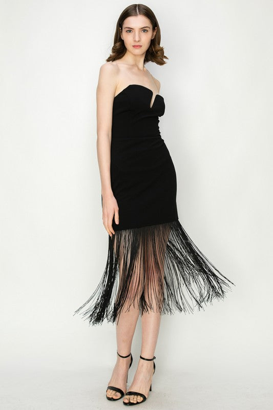 Black Fringe Bodycon Dress by Ina