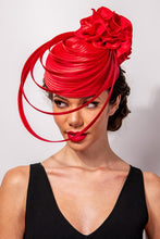 Load image into Gallery viewer, Floating Ribbon Rose Red Pillbox Fascinator Hat
