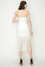 Load image into Gallery viewer, Sculpted Bodice Midi Dress with Fringe
