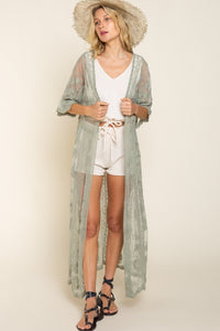 Pol Embroidered Lace Short Bell Sleeve Gray Kimono