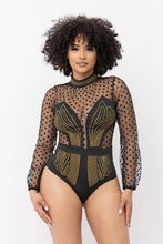 Load image into Gallery viewer, Black and Gold Studded Glam Delicate Swiss Dot Bodysuit Comes S/M/L/XL
