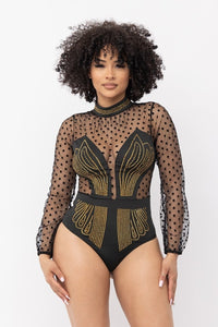 Black and Gold Studded Glam Delicate Swiss Dot Bodysuit Comes S/M/L/XL