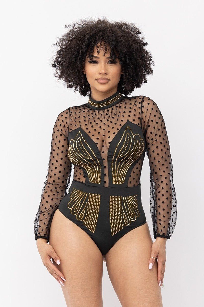 Black and Gold Studded Glam Delicate Swiss Dot Bodysuit Comes S/M/L/XL