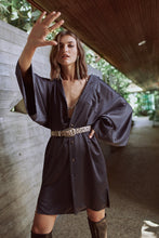 Load image into Gallery viewer, NWT Black Satin Kimono Sleeve Shirt Dress S/M/L Fall/Winter 2022
