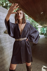 NWT Black Satin Kimono Sleeve Shirt Dress S/M/L Fall/Winter 2022