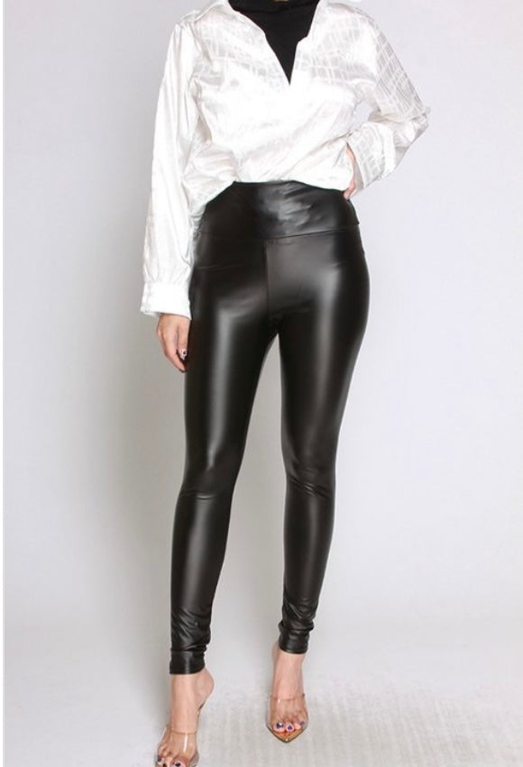 Liquid Leggings Black and Gold Faux Vegan PU Leather High Waisted Leggings
