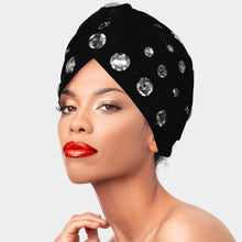 Load image into Gallery viewer, Black &amp; White Knitted Regal Turban With Rhinestones from The King Kouture
