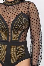 Load image into Gallery viewer, Black and Gold Studded Glam Delicate Swiss Dot Bodysuit Comes S/M/L/XL
