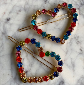 2 Large Rainbow Heart shaped Rhinestone Hair Clips