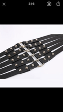 Load image into Gallery viewer, Black Vegan Leather Corset Belt Gold Grommets One Size
