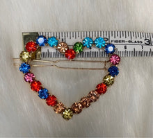 Load image into Gallery viewer, 2 Large Rainbow Heart shaped Rhinestone Hair Clips
