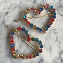 Load image into Gallery viewer, 2 Large Rainbow Heart shaped Rhinestone Hair Clips
