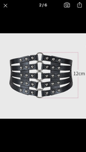 Load image into Gallery viewer, Black Vegan Leather Corset Belt Gold Grommets One Size
