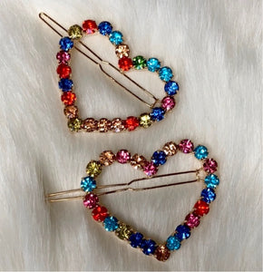 2 Large Rainbow Heart shaped Rhinestone Hair Clips