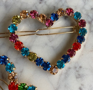 2 Large Rainbow Heart shaped Rhinestone Hair Clips
