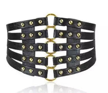 Load image into Gallery viewer, Black Vegan Leather Corset Belt Gold Grommets One Size
