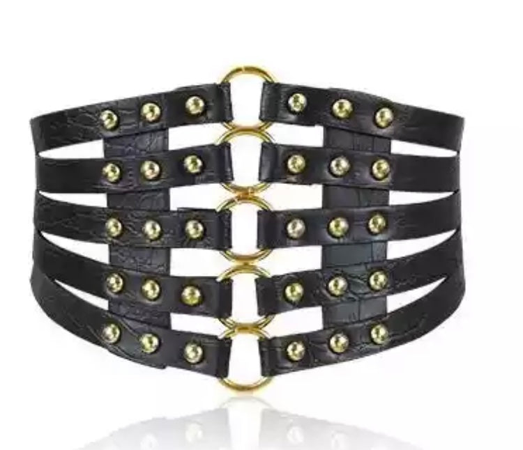 Black Vegan Leather Corset Belt Gold Grommets One Size