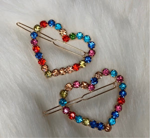 2 Large Rainbow Heart shaped Rhinestone Hair Clips