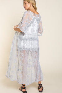 Pol Embroidered Lace Short Bell Sleeve Gray Kimono