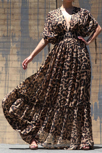 NWT King Kouture Leopard Printed Kimono Sleeve Maxi Dress Tan Black S/M/L Spring 2022