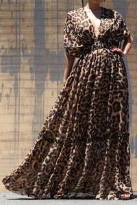 NWT King Kouture Leopard Printed Kimono Sleeve Maxi Dress Tan Black S/M/L Spring 2022